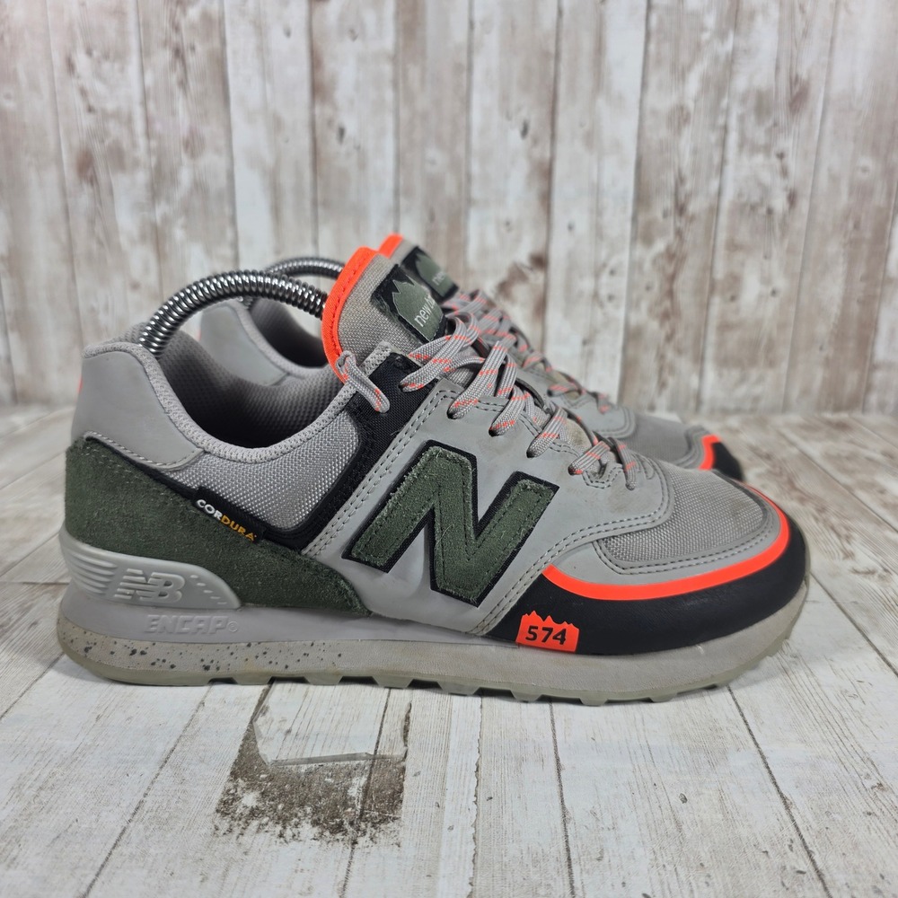 New Balance Women's Gray and Olive Green Sneakers with Neon Orange Accents